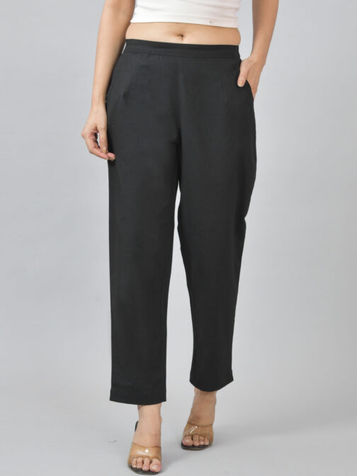 Pack Of 2 Womens Half Elastic Black And Grey Deep Pocket Cotton Pants - Image 2