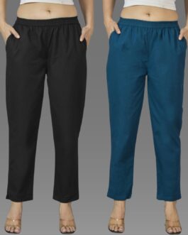 Pack Of 2 Womens Black And Teal Blue Deep Pocket Fully Elastic Cotton Trouser