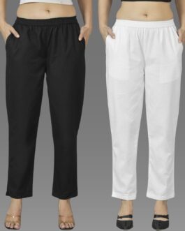 Pack Of 2 Womens Black And White Deep Pocket Fully Elastic Cotton Trouser