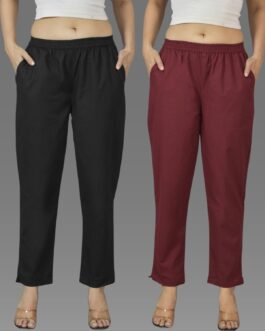 Pack Of 2 Womens Black And Wine Deep Pocket Fully Elastic Cotton Trouser