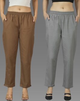 Pack Of 2 Womens Brown And Grey Deep Pocket Fully Elastic Cotton Trouser