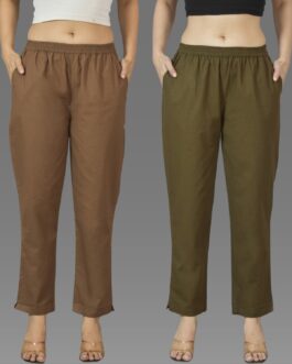 Pack Of 2 Womens Brown And Mehndi Green Deep Pocket Fully Elastic Cotton Trouser