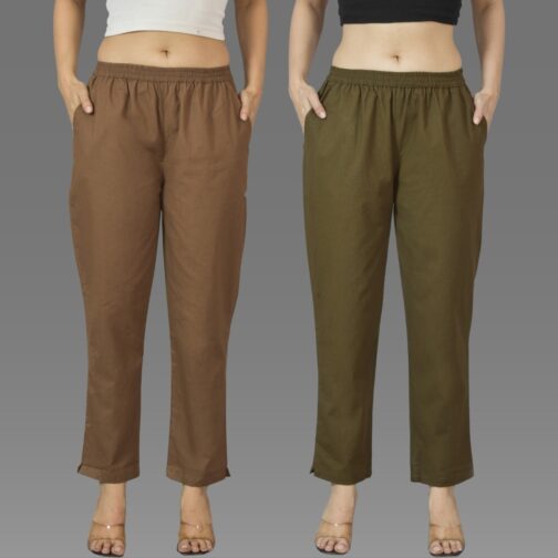 Pack Of 2 Womens Brown And Mehndi Green Deep Pocket Fully Elastic Cotton Trouser