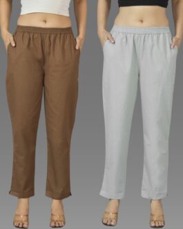 Pack Of 2 Womens Brown And Melange Grey Deep Pocket Fully Elastic Cotton Trouser