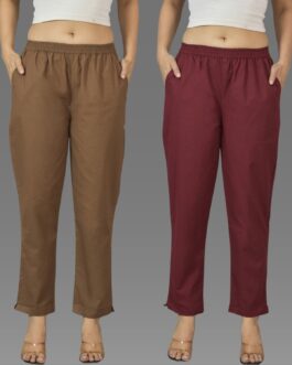 Pack Of 2 Womens Brown And Wine Deep Pocket Fully Elastic Cotton Trouser