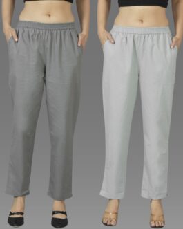 Pack Of 2 Womens Grey And Melange Grey Deep Pocket Fully Elastic Cotton Trouser