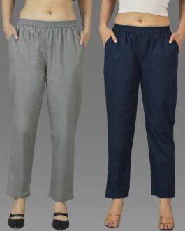 Pack Of 2 Womens Grey And Navy Blue Deep Pocket Fully Elastic Cotton Trouser