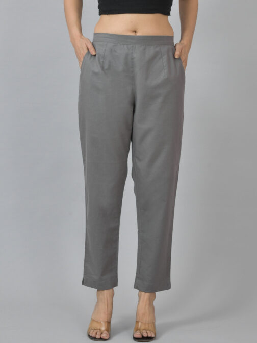 Pack Of 2 Womens Half Elastic Grey And Light Grey Deep Pocket Cotton Pants - Image 2