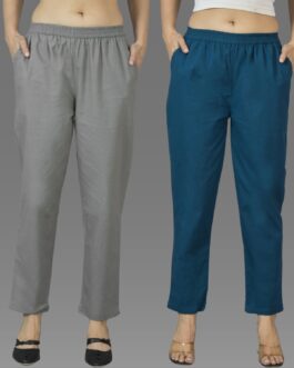 Pack Of 2 Womens Grey And Teal Blue Deep Pocket Fully Elastic Cotton Trouser