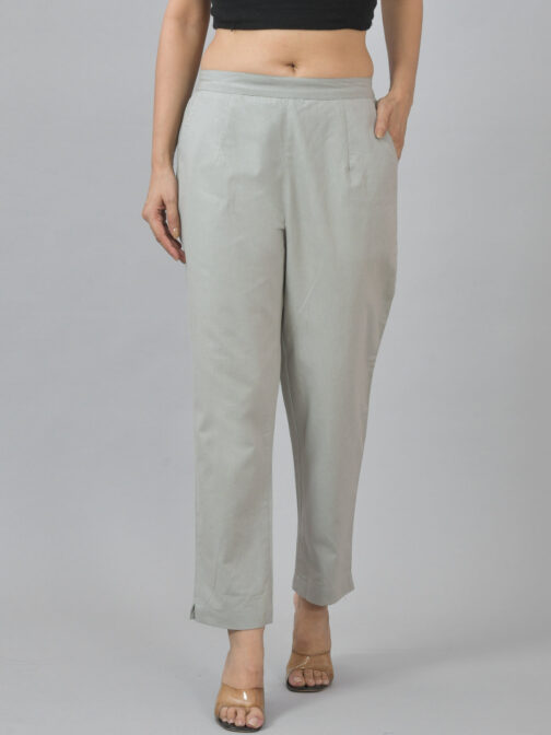 Pack Of 2 Womens Half Elastic Light Grey And Navy Blue Deep Pocket Cotton Pants - Image 2