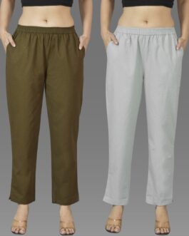 Pack Of 2 Womens Mehndi Green And Melange Grey Deep Pocket Fully Elastic Cotton Trouser