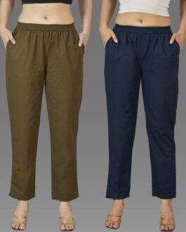Pack Of 2 Womens Mehndi Green And Navy Blue Deep Pocket Fully Elastic Cotton Trouser