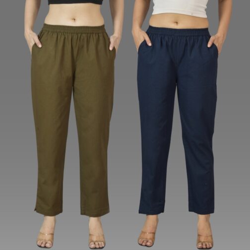 Pack Of 2 Womens Mehndi Green And Navy Blue Deep Pocket Fully Elastic Cotton Trouser