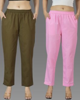 Pack Of 2 Womens Mehndi Green And Pink Deep Pocket Fully Elastic Cotton Trouser