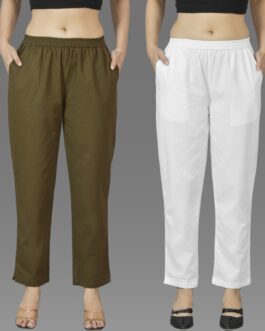 Pack Of 2 Womens Mehndi Green And White Deep Pocket Fully Elastic Cotton Trouser