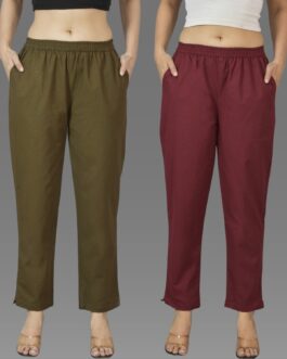 Pack Of 2 Womens Mehndi Green And Wine Deep Pocket Fully Elastic Cotton Trouser