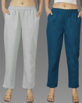 Pack Of 2 Womens Melange Grey And Teal Blue Deep Pocket Fully Elastic Cotton Trouser