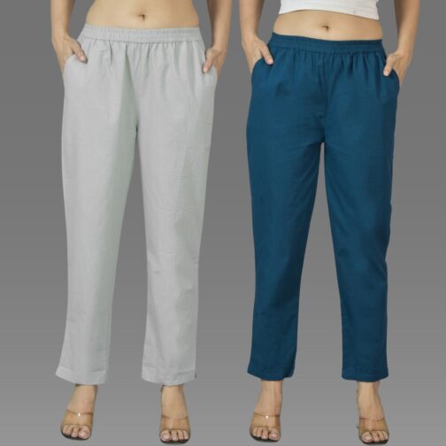 Pack Of 2 Womens Melange Grey And Teal Blue Deep Pocket Fully Elastic Cotton Trouser