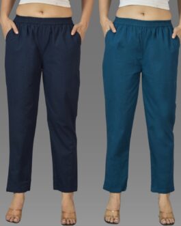 Pack Of 2 Womens Navy Blue And Teal Blue Deep Pocket Fully Elastic Cotton Trouser