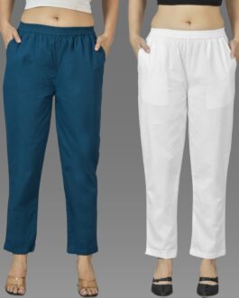Pack Of 2 Womens Teal Blue And White Deep Pocket Fully Elastic Cotton Trouser