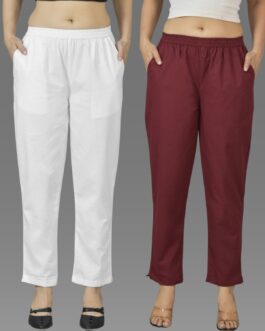 Pack Of 2 Womens White And Wine Deep Pocket Fully Elastic Cotton Trouser