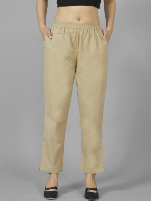 Pack Of 2 Womens Beige And Brown Deep Pocket Fully Elastic Cotton Trouser - Image 2