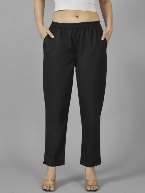 Pack Of 2 Womens Black And White Deep Pocket Fully Elastic Cotton Trouser - Image 2