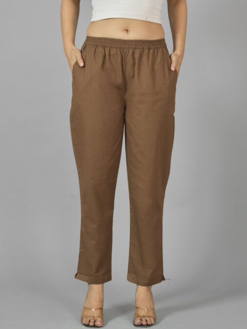 Pack Of 2 Womens Brown And Melange Grey Deep Pocket Fully Elastic Cotton Trouser - Image 2
