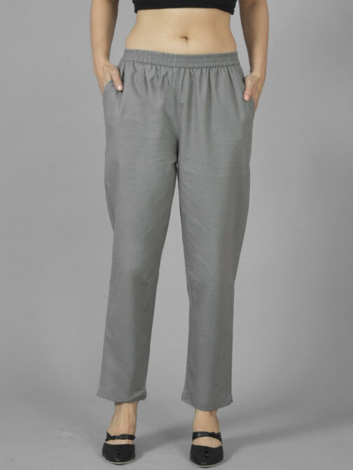 Pack Of 2 Womens Grey And Mehndi Green Deep Pocket Fully Elastic Cotton Trouser - Image 2