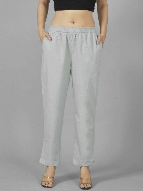 Pack Of 2 Womens Melange Grey And Teal Blue Deep Pocket Fully Elastic Cotton Trouser - Image 2