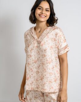 Beige Floral Print Satin Lounge Set, 'Beige Bloom' Silky Two-Piece PJs