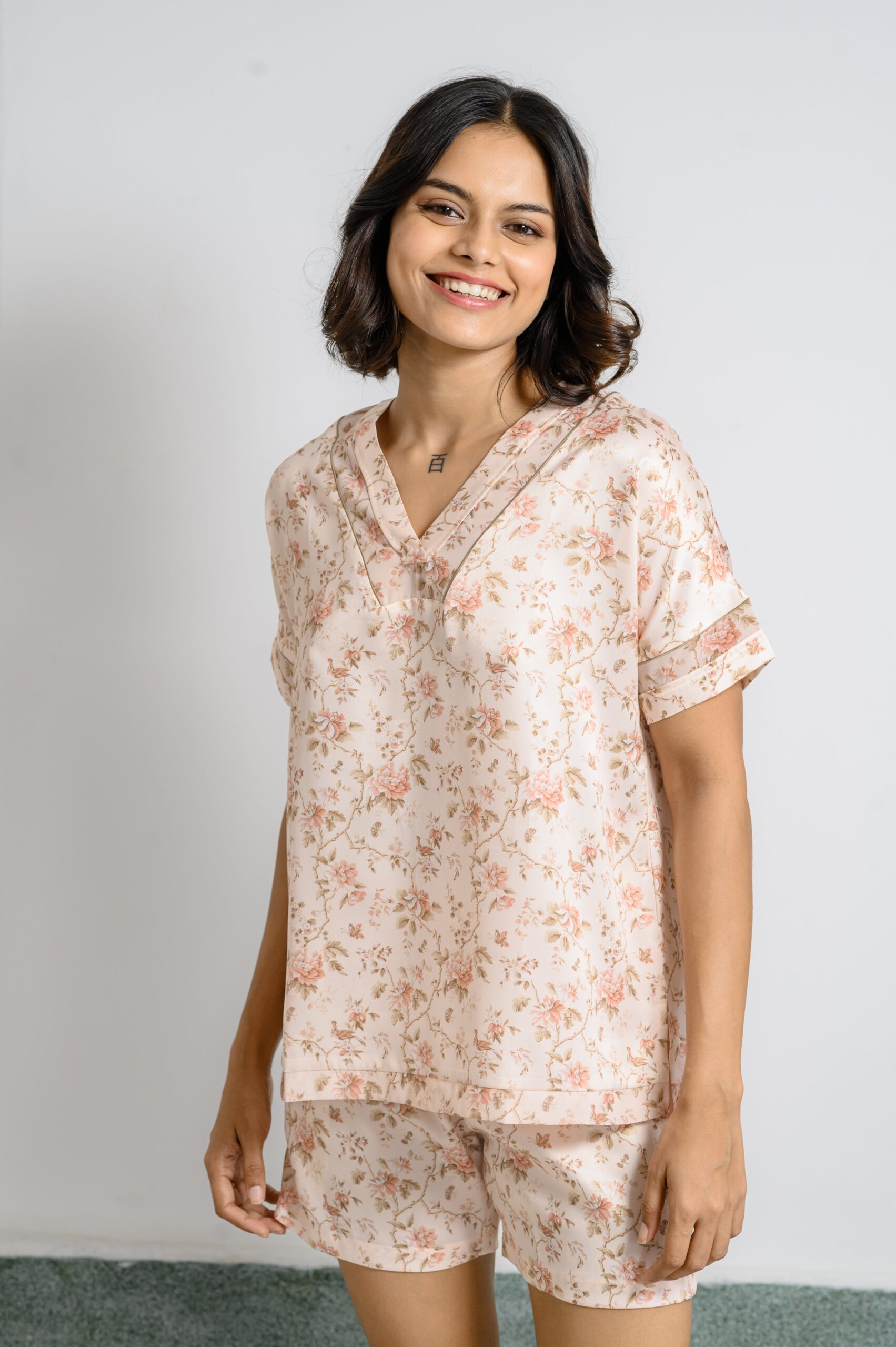 Beige Floral Print Satin Lounge Set, 'Beige Bloom' Silky Two-Piece PJs