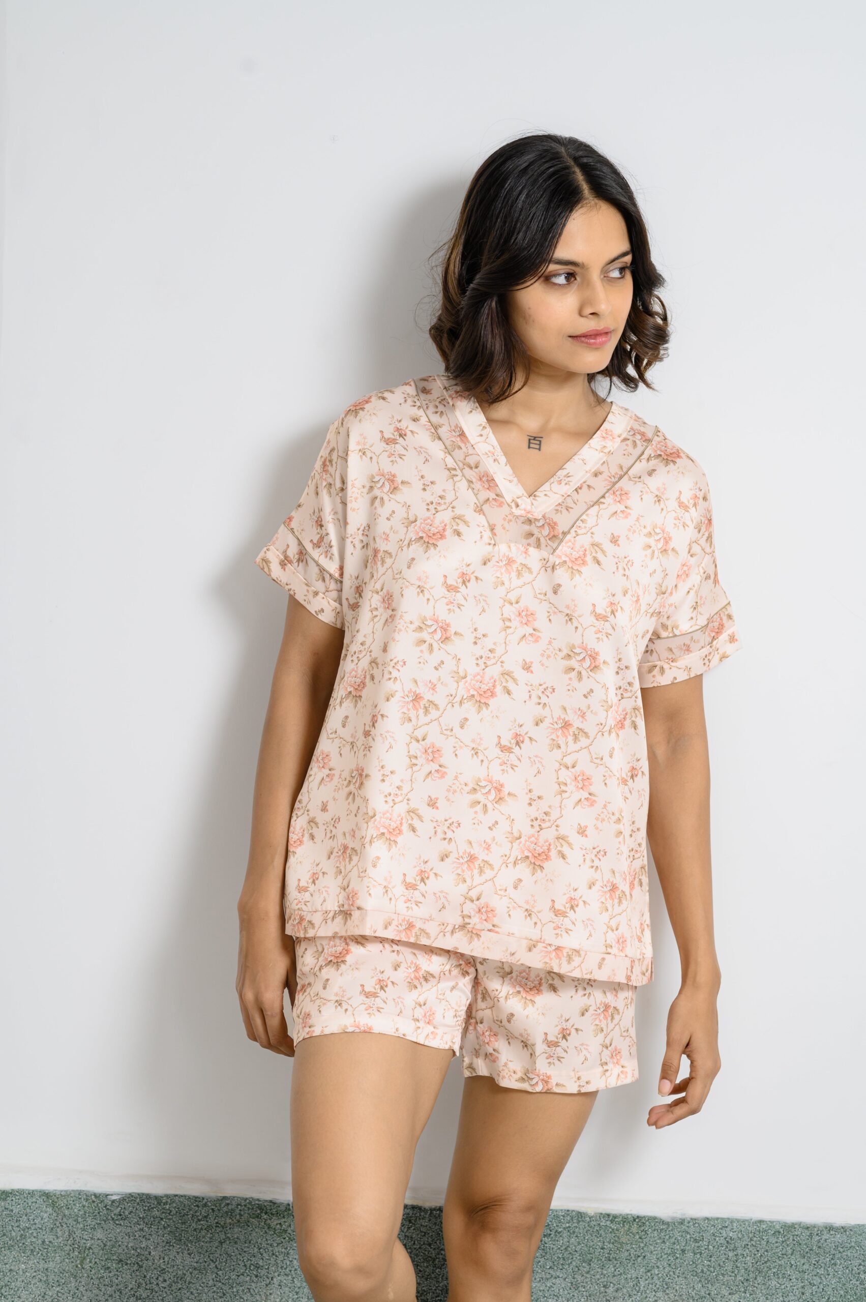 Beige Floral Print Satin Lounge Set, 'Beige Bloom' Silky Two-Piece PJs - Image 2