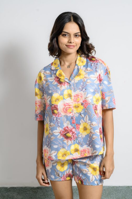 Vibrant Floral Pop Print Satin Night Suit Set, 'Bloom Pop' Silky Pajamas