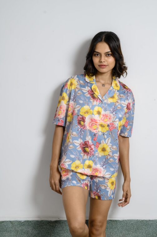 Vibrant Floral Pop Print Satin Night Suit Set, 'Bloom Pop' Silky Pajamas - Image 2