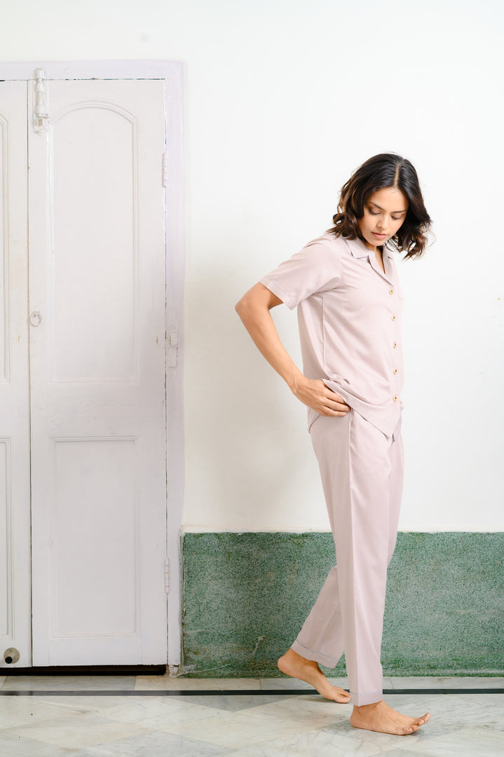 Blush Pink Pajama Set with Decorative Loop Buttons, Feminine Chic Sleepwear - Image 2