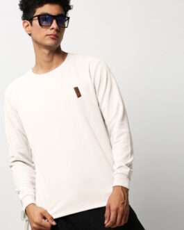 men?s off white ribbed slim fit round neck sweatshirt minimal winter outfit