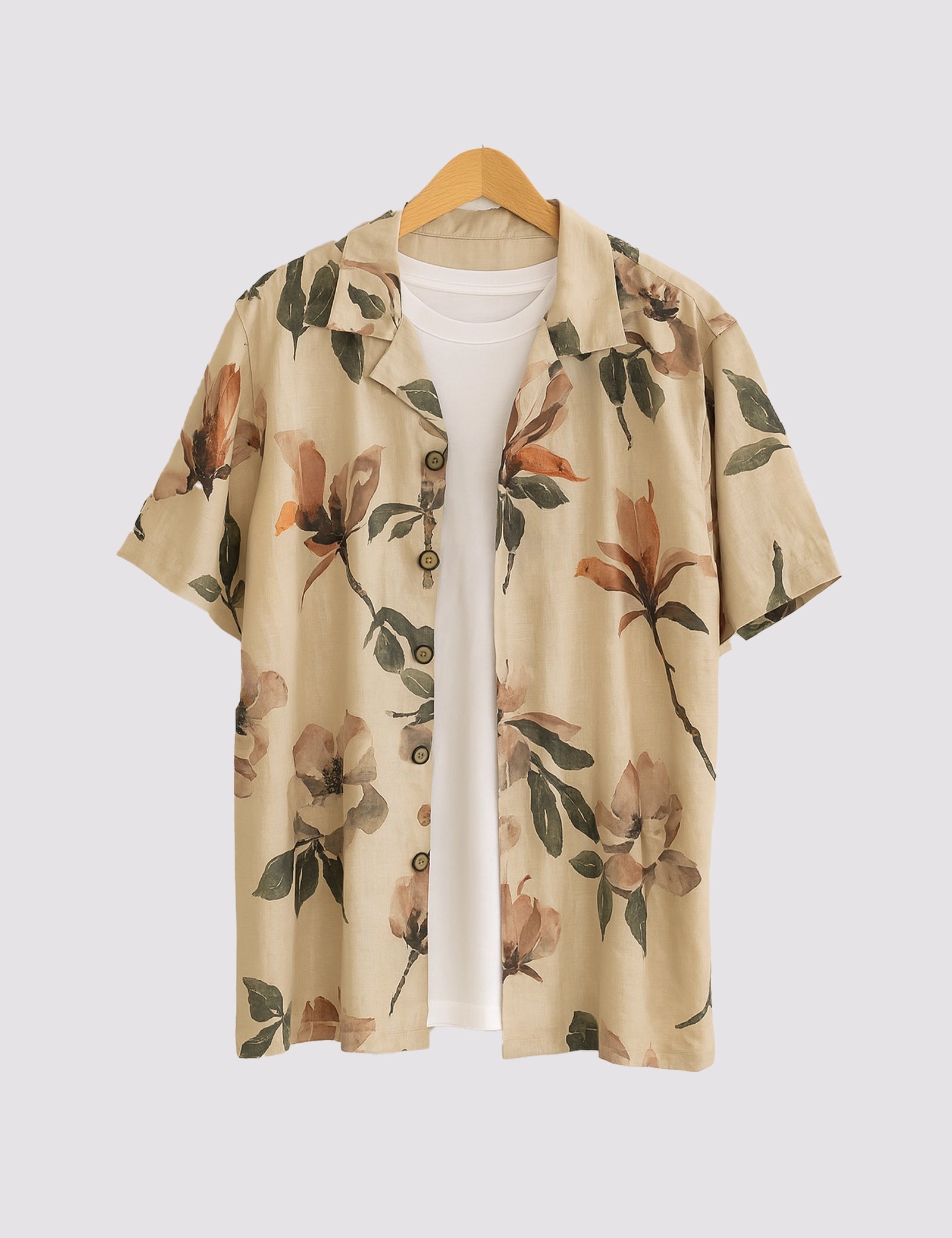 Cream Flower Men's Half Sleeve Casual Printed Shirt