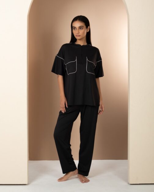 Classic Black Satin Pajama Set with White Contrast Piping, Timeless Sleepwear - Image 2