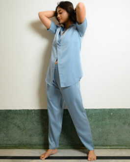 Powder Blue Satin Pajama Set, Notched Collar Classic Sleepwear