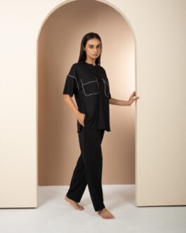 Classic Black Satin Pajama Set with White Contrast Piping, Timeless Sleepwear