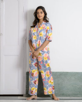 Dreamy Floral Print Satin Pajama Set, Silky Botanical Sleepwear
