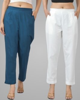 Pack Of 2 Womens Half Elastic Teal Blue And White Deep Pocket Cotton Pants