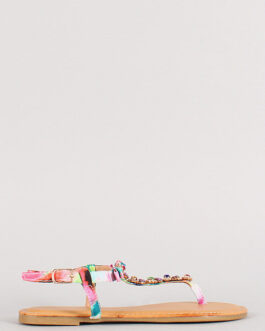 Women's Watercolor Jeweled Bow T-Strap Flat Sandal ? Elegant Artistic Design Sandal