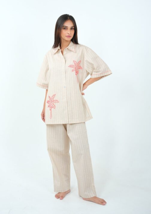Beige Night Suit with Palm Tree Embroidery, Tropical Vacation Loungewear - Image 2