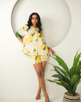 Sunny Yellow Floral Print Satin Shorts Set, 'Sunny Bloom' Silky PJs