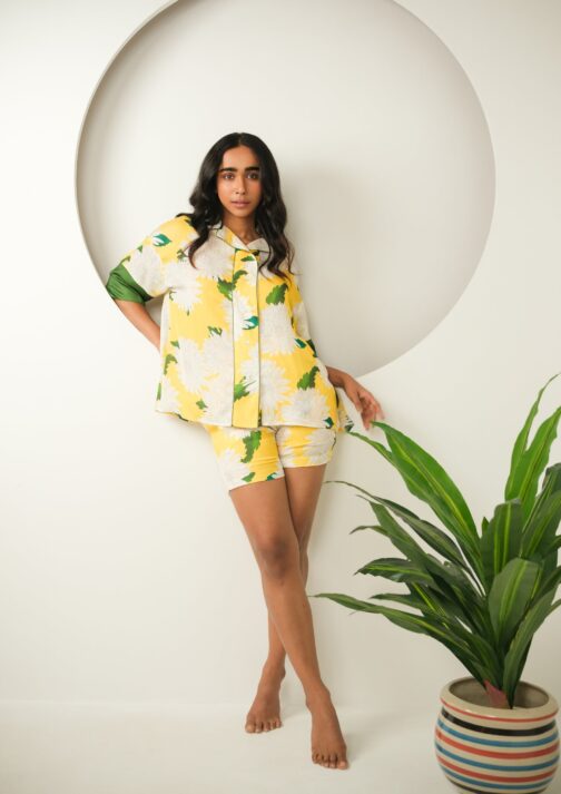 Sunny Yellow Floral Print Satin Shorts Set, 'Sunny Bloom' Silky PJs