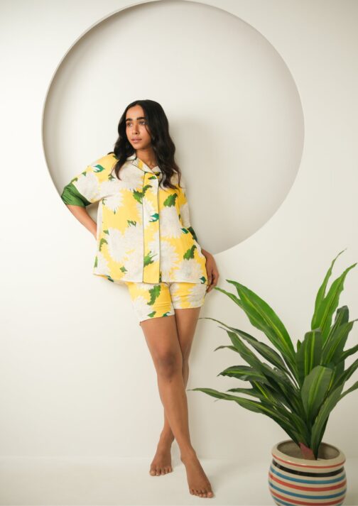 Sunny Yellow Floral Print Satin Shorts Set, 'Sunny Bloom' Silky PJs - Image 2