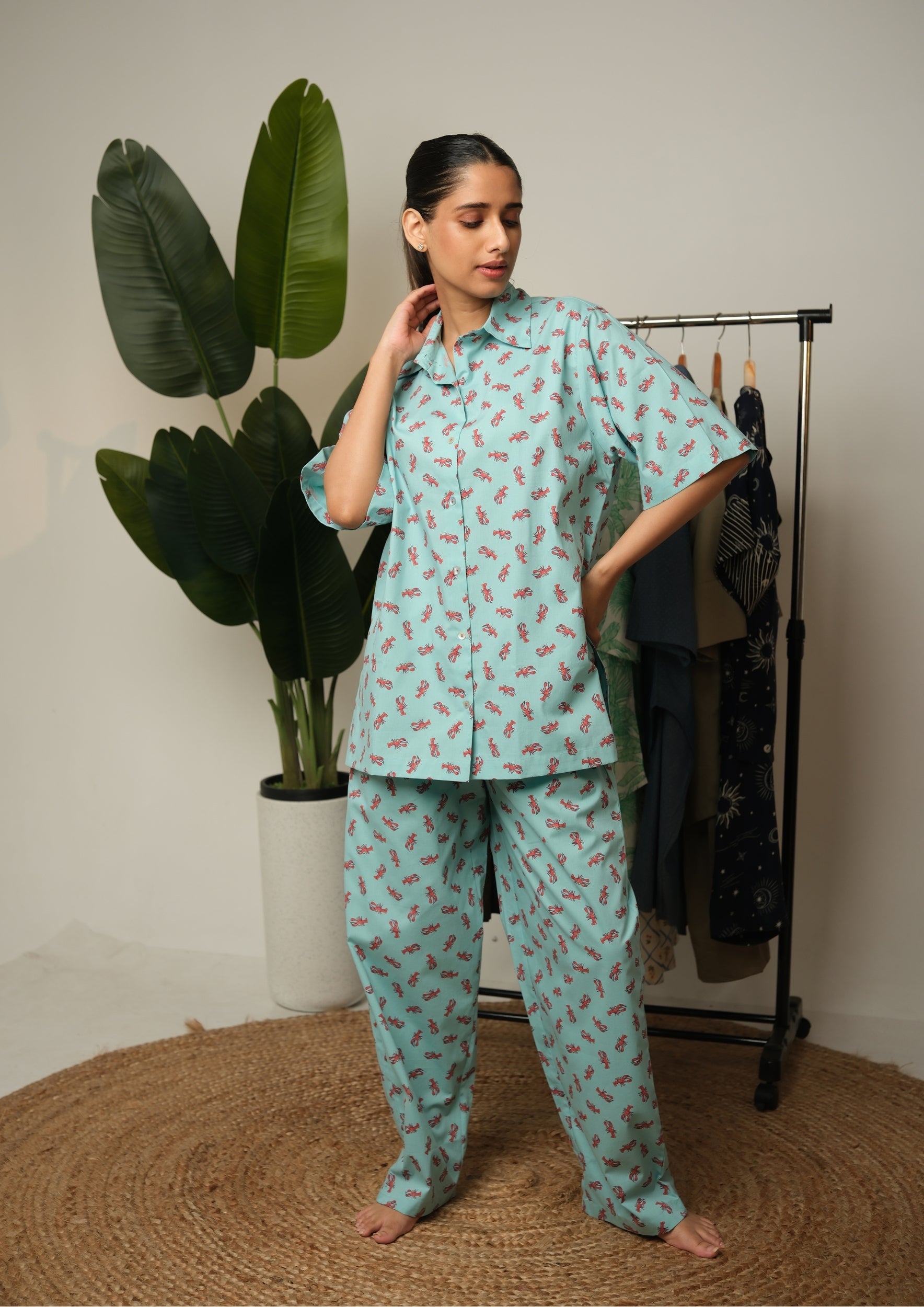 Quirky Red Lobster Print Cotton Night Suit, Coastal & Nautical PJs