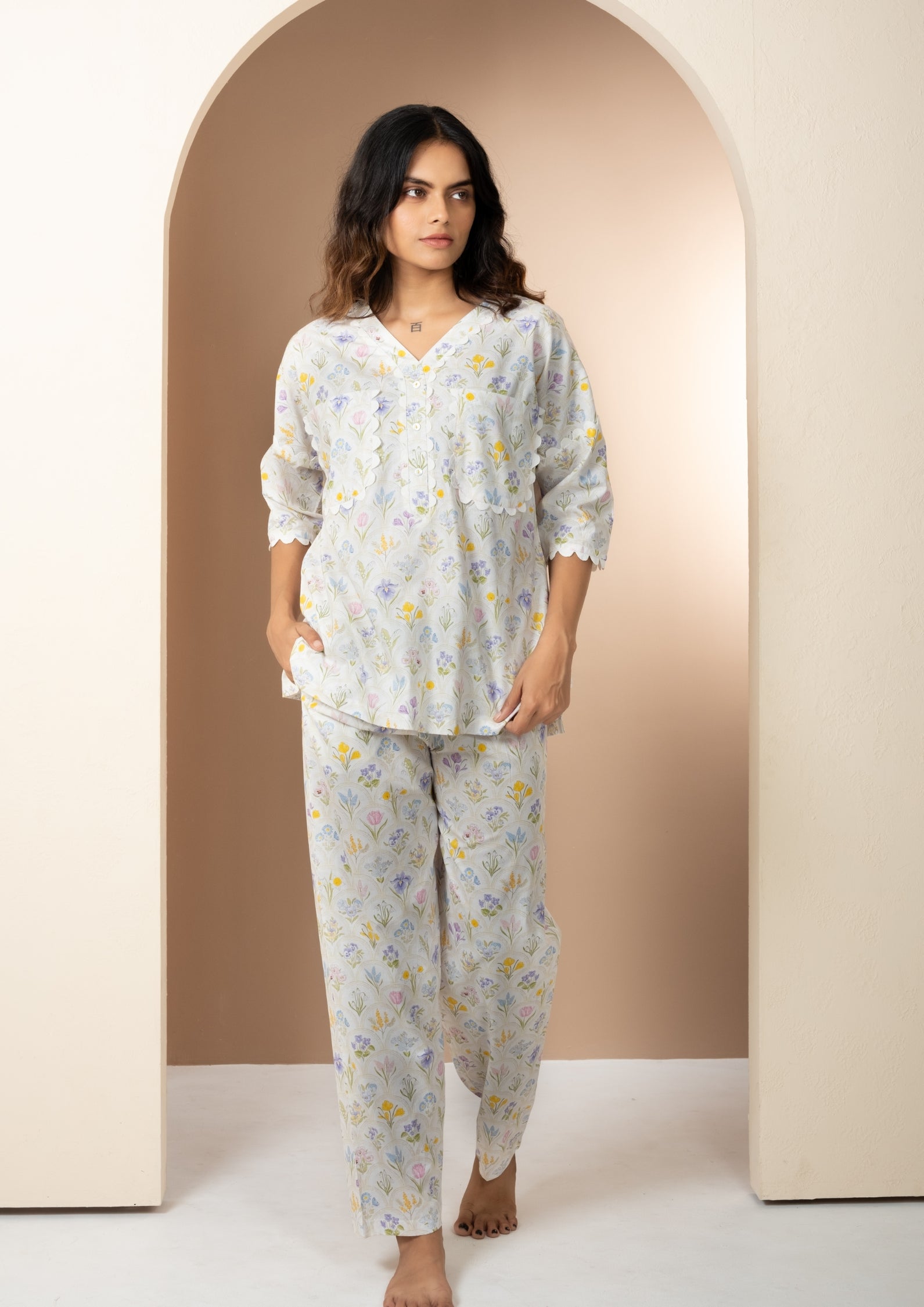 White Floral Print Cotton Co-ord Lounge Set, Two-Piece Summer PJs